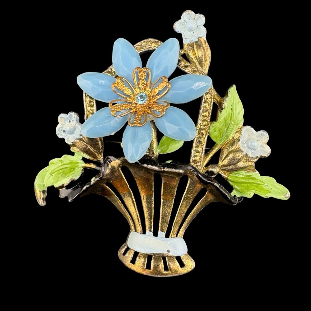 Vintage Flower Basket Brooch Enamel Painted Plastic Rhinestone Floral